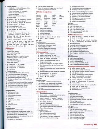 B Possible answers
2 It's 11.30. 3 It's red, blue and white.
4 There's a man on a bicycle.
5 There aren't many. 6 It's Maria.
7 There are foxes and wolves.
8 It was on Monday.
9 There was a fi Im about dragons.
10 It was sunny.
C 2 brother's... he's 3 Samantha's ... parents'
4 It's ... isn't 5 friend's... doesn't
6 I'll 7 brother's... doesn't 8 children's
9 Maria's... horses' 10 Terry's
D 2 in Barry and Gary's / their
3 are my dad's 4 lend you mine
5 Their house is 6 listens to her
7 you give me
E 2 many 3 Everybody 4 Many 5 A
6 Nobody 7 much 8 Lots 9 of
10 lot of 11 little 12 any 13 much
14 many 15 anything
F 2 that 3 somewhere 4 some 5 That
6 any 7 any 8 lots of 9 any 10 a few
11 any 12 some 13 a few 14 the
15 some 16 a lot of 17 A few of 18 much
19 anywhere 20 nowhere 21 -
52 Adjectives
A ancient city
careless man /worker
cold weather / city / day
empty glass / city
great city / day / time / weather / worker
terrible day / time / weather / worker
ugly face / man / city
useful information / glass
young face / worker
B 2 a credit card 3 a CD player
4 a toothbrush 5 a bedroom
6 a train station 7 a postman
8 a taxi driver
C Possible answers
2 It is (It's) not far from here, (the cinema)
3 It was a very busy place, (the airport)
4 She doesn't look very well, (my friend)
5 These flowers smell lovely, (roses)
6 She does not (doesn't) seem very friendly, (my
neighbour)
7 It is not (It's not / It isn't) a good idea, (smoking)
8 He is (He's) my favourite actor. (Johnny Depp)
9 They do not (don't) taste nice, (olives)
10 He is fs) always asleep! (my brother)
D
Possible answers
2 The homework was
3 My lunch was quite
4 Atyrannosaurus rex was
5 I feel a bit
6 I am quite
7 My bedroom is a little
8 I am
9 I am very
10 The house is very
My Turn!
Possible answers
2 I felt nervous, but also excited.
3 Every visitor must go to the Charles Bridge. It's
a famous bridge across the Vltava river. It is very
busy in the day but at night it is quiet.
4 From an aeroplane the city looks very big. All the
houses have red roofs.
5 The people are very friendly.
6 The city seems safe at night.
7 I miss the culture. In Prague there are a lot of
interesting galleries and festivals.
53 Order of adjectives
opinion size quality age
amazing [big] dirty modern
famous enormous happy new
handsome short quiet
colour origin material
brown Asian cheese
golden Roman glass
white Swiss
B 2 heavy silver Olympic
3 tired Kenyan marathon
4 amazing new 100-metre
5 tall slim basketball
6 long 70-metre discus
C 2 football 3 brown 4 real 5 tall
6 hard 7 golf 8 family
My Turn!
Possible answers
2 my expensive new brown shoes
3 an enormous white plastic watch
4 a dirty old glass window
5 a famous young Asian footballer
6 an amazing big cheese sandwich
54 Comparatives
A 2 longer 3 more dangerous
4 politer / more polite 5 rarer
6 farther / further 7 more expensive
8 older 9 younger 10 heavier
B 2 Flying is less dangerous than / not as
dangerous as driving.
3 Silver is less rare than / not as rare as gold.
4 One kilometre is less far than / not as far as
one mile.
5 Seoul is less expensive than / not as expensive
as Tokyo.
6 Moscow is less old than / not as old as Madrid.
C 3 more expensive 4 as big as
5 further / farther 6 better
7 worse 8 later / better
My Turn!
Possible answers
2 The giraffe is a bit taller than the elephant.
3 The elephant is far heavier than the monkey.
4 The lion is a bit shorter than the zebra.
5 The snake is a lot more dangerous than the
monkey.
6 The zebra is a little slower than the lion.
55 Superlatives
A 2 most dangerous * safest
3 best* worst 4 most hard-working ? laziest
5 most interesting * most boring
6 oldest * newest 7 saddest * happiest
8 strongest * weakest 9 wettest * driest
B 4 The rabbit... the longest
5 The dog ... the biggest
6 The strawberry jam is the cheapest.
7 The raspberry jam is the most expensive.
8 Tom ... the most unusual
C Possible answers
2 The dog is the nicest.
3 The sheep is the most useful.
4 The mouse is the least useful.
5 The elephant is the least interesting.
6 The horse is the most interesting.
7 The horse is the fastest.
8 The elephant is the most dangerous.
9 The sheep is the least dangerous.
D 2 Mount Everest is the highest mountain.
3 The Vatican City is the smallest country.
4 The blue whale is the largest animal.
5 Antarctica is the coldest continent.
6 Hydrogen is the most common gas.
7 Sirius is the brightest star.
8 Baikal is the deepest lake.
My Turn!
Possible answers
2 This is the fastest car!
3 This is the lightest mobile!
4 This is the friendliest dog!
5 This is the most comfortable flat!
6 Our coffee is the best!
56 Adverbs of manner
A 2 badly 3 quickly 4 noisily 5 easily
6 slowly 7 carefully
B 2 far 3 happily 4 fast 5 well 6 carefully
7 early 8 immediately 9 suddenly 10 late
C Possible answers
2 Leonardo da Vinci could paint very well.
3 Rocky Marciano could hit hard.
4 Carl Lewis could run very quickly.
5 The Beatles could sing very well.
6 Pele could play football beautifully.
7 Garry Kasparov could play chess brilliantly.
My Turn!
Possible answers
2 She is fs) smiling happily.
3 They are fre) talking angrily.
4 He is fs) walking slowly.
5 He is fs) eating unhealthily / badly.
6 She is fs) leaving the house quietly.
57 Comparative and superlative adverbs
A 2 [early]-earlier-earliest
3 easily - [more easily] - most easily
4 [far] - farther / further - farthest / furthest
5 well - [better] - best
6 happily - more happily - [most happily]
7 slowly - [more slowly] - most slowly
8 [safely] - more safely - most safely
B 2 sooner 3 highest 4 more safely
5 worse 6 more seriously 7 accurately
8 most carefully
C 2 farther / further; False 3 more quickly; True
4 faster; True 5 higher; False
6 better; True 7 more easily; False
8 more deeply; True
D
Possible answers
2 My sister draws best.
3 My mum works hardest.
4 Stefan writes most clearly.
5 Marco lives farthest / furthest from here.
6 My dad sings worst.
7 My brother sleeps longest.
8 My cousin eats his lunch most quickly.
My Turn!
Possible answers
2 Tim has eaten his meal fastest.
3 Kim is eating most tidily and most slowly.
4 Kim is eating least quickly.
5 Kim has climbed higher.
6 Tim has climbed less high.
7 Kim is smiling more happily.
8 Tim is smiling less happily.
Answer key 195
 