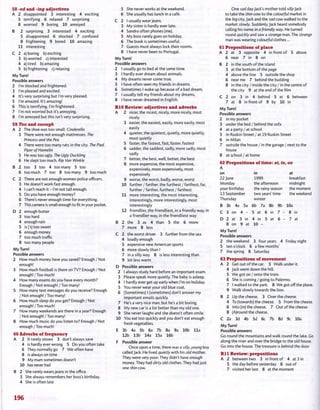 58 -ed and -ing adjectives
A 2 disappointed 3 interesting 4 exciting
5 terrifying 6 relaxed 7 surprising
8 worried 9 boring 10 annoyed
B 2 surprising 3 interested 4 exciting
5 disappointed 6 shocked 7 confused
8 frightening 9 bored 10 amazing
11 interesting
C 2 a) boring b) exciting
3 b) worried c) interested
4 a) tired b) amazing
5 b) frightening c) relaxing
My Turn!
Possible answers
2 I'm shocked and frightened.
3 I'm pleased and excited.
4 It's very surprising but I'm very pleased.
5 I'm amazed. It's amazing!
6 This is terrifying. I'm frightened.
7 I'm not worried but it's annoying.
8 I'm annoyed but this isn't very surprising.
59 Too and enough
A 2 The shoe was too small. Cinderella
3 There were not enough mattresses. The
Princess and the Pea
4 There were too many rats in the city. The Pied
Piper ofHamelin
5 He was too ugly. The Ugly Duckling
6 He slept too much. Rip Van Winkle
B 2 too 3 too 4 too many 5 too
6 too much 7 too 8 too many 9 too much
C 2 There are not enough women police officers.
3 He doesn't work fast enough.
4 I can't reach it - I'm not tall enough.
5 Do you have enough money?
6 There's never enough time for everything.
7 This camera is small enough to fit in your pocket.
D 2 enough butter
3 too hard
4 enough rain
5 is fs) too sweet
6 enough money
7 too much traffic
8 too many people
My Turn!
Possible answers
2 How much money have you saved? Enough / Not
enough!
3 How much football is there on TV? Enough / Not
enough!/Too much!
4 How many exams do you have every month?
Enough / Not enough! / Too many!
5 How many text messages do you receive? Enough
/ Not enough! / Too many!
6 How much sleep do you get? Enough / Not
enough!/Too much!
7 How many weekends are there in a year? Enough
/ Not enough! / Too many!
8 How much music do you listen to? Enough / Not
enough / Too much!
60 Adverbs of frequency
A 2 It rarely snows 3 don't always save
4 is hardly ever wrong 5 Do you often take
6 They normally go 7 We often have
8 is always on time
9 My mum sometimes doesn't
10 has never had
B 2 She rarely wears jeans in the office.
3 She always remembers her boss's birthday.
4 She is often late
5 She never works at the weekend.
6 She usually has lunch in a cafe.
C 2 I usually wear jeans.
3 My sister is hardly ever late.
4 Sandra often phones (me).
5 My boss rarely goes on holiday.
6 The book is sometimes useful.
7 Guests must always lock their rooms.
8 I have never been to Portugal.
My Turn!
Possible answers
2 I usually go to bed at the same time.
3 I hardly ever dream about animals.
4 My dreams never come true.
5 I have often seen my friends in dreams.
6 Sometimes I wake up because of a bad dream.
7 I usually tell my friends about my dreams.
8 I have never dreamed in English.
RIO Review: adjectives and adverbs
A 2 nicer, the nicest, nicely, more nicely, most
nicely
3 easier, the easiest, easily, more easily, most
easily
4 quieter, the quietest, quietly, more quietly,
most quietly
5 faster, the fastest, fast, faster, fastest
6 sadder, the saddest, sadly, more sadly, most
sadly
7 better, the best, well, better, the best
8 more expensive, the most expensive,
expensively, more expensively, most
expensively
9 worse, the worst, badly, worse, worst
10 further / farther, the furthest / farthest, far,
further / farther, furthest / farthest
11 more interesting, the most interesting,
interestingly, more interestingly, most
interestingly
12 friendlier, the friendliest, in a friendly way, in
a friendlier way, in the friendliest way
B 2 the 3 as 4 than 5 the 6 more
7 more 8 less
C 2 the worst driver 3 further from the sea
4 loudly enough
5 expensive new American sports
6 more slowly than I
7 in a silly way 8 is less interesting than
9 lot less warm
D Possible answers
2 I always study hard before an important exam.
3 Please speak more quietly. The baby is asleep.
4 I hardly ever get up early when I'm on holiday.
5 You never wear your old blue coat.
6 (Sometimes) I (sometimes) don't answer my
important emails quickly.
7 He's a very nice man, but he's a bit boring.
8 My new car is a lot better than my old one.
9 She never laughs and she doesn't often smile.
10 You eat too quickly and you don't eat enough
fresh vegetables.
E 3b 4a 5b 6a 7b 8a 9a 10b l l a
12b 13b 14a 15a 16b
F Possible answer
Once upon a time, there was a silly,young boy
called Jack. He lived quietly with his old mother.
They were very poor. They didn't have enough
money. They had dirty old clothes. They had just
one thin cow.
One sad day Jack's mother told sillyJack
to take the thin cow to the colourful market in
the big city. Jack and the sad cow walked to the
market slowly. Suddenly, Jack heard somebody
calling his name in a friendly way. He turned
round quickly and saw a strange man. The strange
man was wearing colourful clothes ...
61 Prepositions of place
A 2 at 3 opposite 4 in front of 5 above
6 near 7 in 8 on
B 2 in the south of the island
3 at the bottom of the page
4 above the line 5 outside the shop
6 near me 7 behind the building
8 in the city / inside the city / in the centre of
the city 9 at the end of the film
C 2 on 3 in 4 behind 5 at 6 between
7 at 8 in front of 9 by 10 in
My Turn!
Possible answers
2 in my pocket
3 under the bed / behind the sofa
4 at a party / at school
5 in Ruskin Street / at 19 Ruskin Street
6 in Milan
7 outside the house / in the garage / next to the
house
8 at school / at home
62 Prepositions of time: at, in, on
A
on in at
22 June 1999 breakfast
Monday the afternoon midnight
your birthday the rainy season the moment
13 September two years'time the weekend
Thursday winter
B 3b 4a 5a 6b 7a 8b 9b 10a
C 3 on 4 - 5 at 6 in 7 - 8 in
D 2 at 3 in 4 in 5 at 6 - 7 at
8 on 9 at 10 -
My Turn!
Possible answers
2 the weekend 3 four years 4 Friday night
5 ten o'clock 6 a few months'
7 the spring 8 Saturday
63 Prepositions of movement
A 2 Get out of the car. 3 Walk under it.
4 Jack went down the hill.
5 We got on / onto the train.
6 She is coming / going to Palermo.
7 I walked to the park. 8 We got off the plane.
9 Walk slowly towards the lion.
B 2 Up the cheese. 3 Over the cheese.
4 To (towards) the cheese. 5 From the cheese.
6 Into (in) the cheese. 7 Out of the cheese.
8 (A)round the cheese.
C 2a 3d 4b 5d 6c 7b 8d 9c 10a
My Turn!
Possible answers
Go round the mountains and walk round the lake. Go
along the river and over the bridge to the old house.
Go into the house. The treasure is behind the door.
R l 1 Review: prepositions
A 2 between two 3 in front of 4 at 3 in
5 the day before yesterday 6 out of
7 visited her last 8 at the moment
196
 