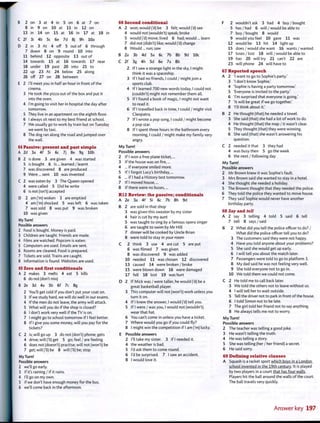 B 2 on 3 at 4 in 5 on 6 at 7 on
8 in 9 on 10 at 11 in 12 on
13 in 14 on 15 at 16 in 17 at 18 in
C 2f 3i 4b 5c 6e 7d 8j 9h 10a
D 2 in 3 At 4 off 5 out of 6 through
7 down 8 on 9 round 10 into
11 behind 12 opposite 13 out of
14 towards 15 at 16 towards 17 near
18 under 19 past 20 into 21 to
22 up 23 At 24 below 25 along
26 off 27 on 28 between
E 2 I'll meet you in half an hour in front of the
cinema.
3 He took the pizza out of the box and put it
into the oven.
4 I'm going to visit her in hospital the day after
tomorrow.
5 They live in an apartment on the eighth floor.
6 I always sit next to my best friend at school.
7 We usually go to work by train but on Tuesday
we went by taxi.
8 The dog ran along the road and jumped over
the wall.
64 Passive: present and past simple
A 2d 3a 4f 5i 6c 7j 8e 9g 10b
B 2 is done 3 are given 4 was started
5 is bought 6 Is ... learned / learnt
7 was discovered 8 are produced
9 Were ... sent 10 was invented
C 2 was eaten by 3 The Queen opened
4 were called 5 Did he write
6 is not (isn't) accepted
D 2 am ('m) woken 3 are emptied
4 am ('m) shocked 5 was left 6 was taken
7 was sold 8 was put 9 was broken
10 was given
My Turn!
Possible answers
2 Food is bought. Money is paid.
3 Children are taught. Friends are made.
4 Films are watched. Popcorn is eaten.
5 Computers are used. Emails are sent.
6 Rooms are cleaned. Food is prepared.
7 Tickets are sold. Trains are caught.
8 Information is found. Websites are used.
65 Zero and first conditionals
A 2 makes 3 melts 4 eat 5 kills
6 do not (don't mix)
B 2e 3d 4a 5b 6f 7c 8g
2 You'll get cold if you don't put your coat on.
3 If we study hard, we will do well in our exams.
4 If the men do not leave, the army will attack.
5 What will you do if the shop is closed?
6 I don't work very well if the TV is on.
7 I might go to school tomorrow if I feel better.
8 If I give you some money, will you pay for the
tickets?
C 2 is; will go up 3 do not (don't) phone; gets
4 drive; will (Tl) get 5 go; feel / are feeling
6 does not (doesn't) practise; will not (won't) be
7 get; will (Tl) be 8 will (Tl) be; stop
My Turn!
Possible answers
2 we'll go early.
3 if it's raining / if it rains.
4 I'll go on my own.
5 if we don't have enough money for the bus.
6 we'll come back in the afternoon.
66 Second conditional
A 2 won; would ('d) be 3 felt; would fd) see
4 would not (wouldn't) speak; broke
5 would ('d) move; lived 6 had; would ... learn
7 did not (didn't) like; would fd) change
8 Would ... run; saw
B 2a 3b 4d 5a 6c 7b 8b 9d 10c
C 2f 3g 4h 5d 6e 7a 8b
2 If I saw a strange light in the sky, I might
think it was a spaceship.
3 If I had no friends, I could / might join a
sports club.
4 If I learned 700 new words today, I could not
(couldn't) might not remember them all.
5 If I found a book of magic, I might not want
to read it.
6 If I travelled back in time, I could / might visit
Cleopatra.
7 If I wrote a pop song, I could / might become
a pop star.
8 If I spent three hours in the bathroom every
morning, I could / might make my family very
angry.
My Turn!
Possible answers
2 If I won a free plane ticket, ...
3 If the house was on fire,...
4 ... if everyone smiled more.
5 If I forgot Lucy's birthday,...
6 ... if I had a History test tomorrow.
7 If I moved house,...
8 If there were no buses,...
R12 Review: the passive; conditionals
A 2e 3a 4f 5i 6c 7b 8h 9d
B 2 are sold in that shop
3 was given this sweater by my sister
4 hair is cut by my aunt
5 was taught to sing by a famous opera singer
6 are taught to swim by Mr Hill
7 dinner will be cooked by Uncle Brian
8 were told to stay in your room
C 2 think 3 use 4 are cut 5 are put
6 was filmed 7 was given
8 was discovered 9 was added
10 needed 11 was chosen 12 discovered
13 caused 14 were broken / broke
15 were blown down 16 were damaged
17 fell 18 lost 19 was hurt
D 2 If Mick was/were taller, he would fd) be a
great basketball player.
3 This computer will not (won't) work unless you
turn it on.
4 If I knew the answer, I would fd) tell you.
5 If I were / was you, I would not (wouldn't)
wear that hat.
6 You can't come in unless you have a ticket.
7 Where would you go if you could fly?
8 I might win the competition if I am f m) lucky.
E Possible answers
2 I'll take my sister. 3 if I needed it.
4 the weather is bad.
5 I'd ask them to come round.
6 I'd be surprised. 7 I saw an accident.
8 I would love it.
F 2 wouldn't ask 3 had 4 buy/bought
5 has /had 6 will/would be able to
7 buy/bought 8 would
9 would you feel 10 gave 11 was
12 would be 13 hit 14 light up
15 does / would she want 16 wants /wanted
17 loses/lost 18 will / would be able to
19 has 20 will try 21 can't 22 are
23 will phone 24 will have to
67 Reported speech
A 2 T want to go to Sophie's party.'
3 T don't know Sophie.'
4 'Sophie is having a party tomorrow.'
5 'Everyone is invited to the party'
6 'I'm surprised that everyone is going.'
7 'It will be great if we go together.'
8 'I'll think about i f
B 2 He thought (that) he needed a towel.
3 She said (that) she had a lot of work to do.
4 He thought (that) the map / it wasn't clear.
5 They thought (that) they were winning.
6 She said (that) she wasn't answering his
question.
C 2 needed it that 3 they had
4 was busy then 5 go the week
6 the next / following day
My Turn!
Possible answers
2 Mr Brown knew it was Sophie's fault.
3 Mrs Brown said she wanted to stay in a hotel.
4 She thought she needed a holiday.
5 The Browns thought that they needed the police.
6 They told the police they wanted to move house.
7 They said Sophie would never have another
birthday party.
68 Say and tell
A 2 say 3 telling 4 told 5 said 6 tell
7 tell 8 says /said
B 2 What did you tell the police officer to do? /
What did the police officer tell you to do?
3 The customers said they were not happy.
4 Have you told anyone about your problems?
5 She said she would get up early.
6 I will tell you about the match later.
7 Passengers were told to go to platform 3.
8 My dad said he was not feeling very well.
9 She told everyone not to go in.
10 We told them we could not come.
C 2 He told me to call back later.
3 We told the others not to leave without us.
4 I will tell her to wait outside.
5 Tell the driver not to park in front of the house.
6 I told Simon not to be late.
7 The girl told her friend not to say anything.
8 He always tells me not to worry.
My Turn!
Possible answers
2 The teacher was telling a good joke.
3 He wasn't telling the truth.
4 He was telling a story.
5 She was telling (her / her friend) a secret.
6 He said sorry.
69 Defining relative clauses
A Squash is a racket sport which bovs in a London
school invented in the 19th century. It is played
by two players in a court that has four walls.
Players hit the ball around the walls of the court.
The ball travels very quickly.
Answer key 197
 