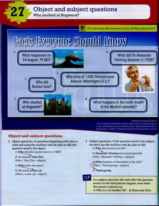 27 Object and subject questions
Who studied at Hogwarts?
O D o y o u k n o w t h e answers t o any o f t h e s e questions?
i i u i ; ( M ^ i ^ M i V 0 i r ^ ^ i i : ( M i i ( i i i y i i ( ^
[
What happened on
24 August, 79 AD?
r Wh
i Flemi
What did Sir Alexander
Fleming discover in 1928?
Who did
Romeo love?
Who lives at 1600 Pennsylvania
Avenue, Washington D.C.?
Who studied
at Hogwarts?
I!
What happens in the ninth month
of the Muslim calendar?
Object and subject questions
1 Object questions. In questions beginning w i t h who or
what and using t h e auxiliary verb do, does or did, t h e
question w o r d is t h e object.
A" WhjDiMJohn lemon marry in 1969?
B: He married Yoko Ono.
(WhoI Yoko Ono = object)
A: What does she want?
B: She wants a new car.
(What I a new car = object)
uepewey u; Xep au,i Suunp jes
)ou op swusnyv luepewey 9 asno|-| ajjUAA 3 4 1 Joj ssajppe lepiyo 9i|)
SJ sim sajEis pajjun amJO auapjsajj au,x 5 ujupiusd pa-iaAODsip an 
Jaiicy XJJEH £ J3!|nf 7 nadwod paXcosap smAnsa/:iunoyv I :SJ3MSUV
2 Subject questions. If t h e question w o r d is t h e subject,
w e don't use t h e auxiliary verb do, does or did.
A: Whotdiscovered penicillin ?
B: Alexander Fleming discovered penicillin.
(Who I Alexander Fleming = subject)
A^yVhat happens in November in the USA?
  What I Thanksgiving = subject)
B: Thanksgiving.
In a subject question, t h e verb after t h e question
w o r d is in t h e t h i r d person singular, even when
t h e answer is plural, e.g.
A: Who lives at number 42? B: Elena and Chris.
i ;
i 
i f
 