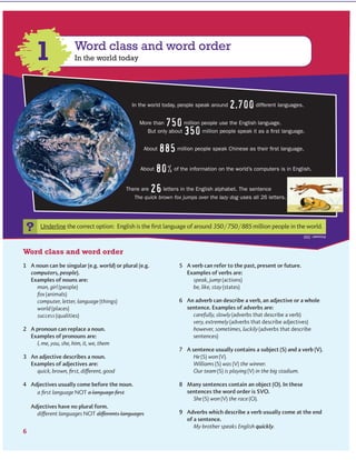 1 Word class and word order
In the world today
Word class and word order
There are 26letters in the English alphabet. The sentence
The quick brown fox jumps over the lazy dog uses all 26 letters.
In the world today, people speak around 2,700different languages.
More than 750million people use the English language.
But only about 350million people speak it as a first language.
About 885million people speak Chinese as their first language.
About 80%of the information on the world’s computers is in English.
?
www.cambridge.org© in this web service Cambridge University Press
Cambridge University Press
978-0-521-73251-2 - Active Grammer Level 1 With Answers
Fiona Davis and Wayne Rimmer
Excerpt
More information
 