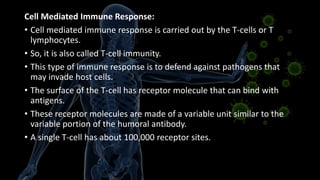 Cell Mediated Immune Response:
• Cell mediated immune response is carried out by the T-cells or T
lymphocytes.
• So, it is also called T-cell immunity.
• This type of immune response is to defend against pathogens that
may invade host cells.
• The surface of the T-cell has receptor molecule that can bind with
antigens.
• These receptor molecules are made of a variable unit similar to the
variable portion of the humoral antibody.
• A single T-cell has about 100,000 receptor sites.
 