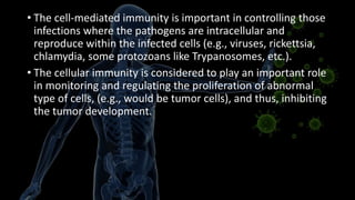• The cell-mediated immunity is important in controlling those
infections where the pathogens are intracellular and
reproduce within the infected cells (e.g., viruses, rickettsia,
chlamydia, some protozoans like Trypanosomes, etc.).
• The cellular immunity is considered to play an important role
in monitoring and regulating the proliferation of abnormal
type of cells, (e.g., would be tumor cells), and thus, inhibiting
the tumor development.
 
