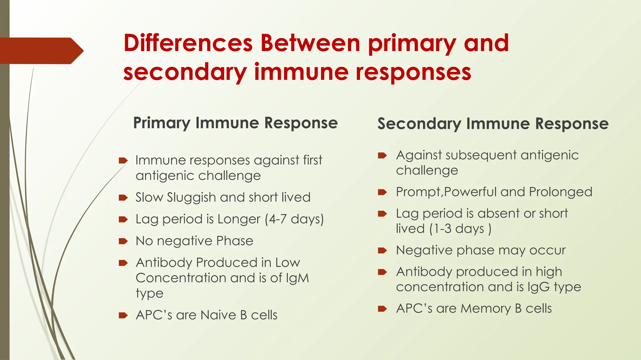 Differences Between primary and
secondary immune responses
Primary Immune Response
🠶 Immune responses against first
antigenic challenge
🠶 Slow Sluggish and short lived
🠶 Lag period is Longer (4-7 days)
🠶 No negative Phase
🠶 Antibody Produced in Low
Concentration and is of IgM
type
🠶 APC’s are Naive B cells
Secondary Immune Response
🠶 Against subsequent antigenic
challenge
🠶 Prompt,Powerful and Prolonged
🠶 Lag period is absent or short
lived (1-3 days )
🠶 Negative phase may occur
🠶 Antibody produced in high
concentration and is IgG type
🠶 APC’s are Memory B cells
 