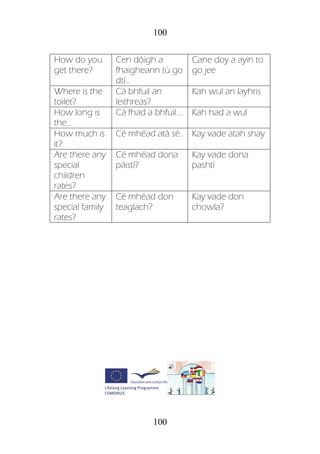 100
100
How do you
get there?
Cen dóigh a
fhaigheann tú go
dtí...
Cane doy a ayin to
go jee
Where is the
toilet?
Cá bhfuil an
leithreas?
Kah wul an layhris
How long is
the…
Cá fhad a bhfuil.... Kah had a wul
How much is
it?
Cé mhéad atá sé.. Kay vade atah shay
Are there any
special
children
rates?
Cé mhéad dona
páistí?
Kay vade dona
pashtí
Are there any
special family
rates?
Cé mhéad don
teaglach?
Kay vade don
chowla?
 