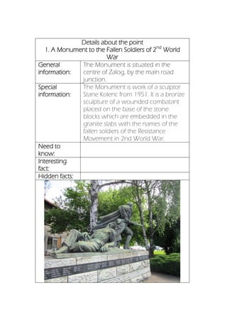 Details about the point
1. A Monument to the Fallen Soldiers of 2nd
World
War
General
information:
The Monument is situated in the
centre of Zalog, by the main road
junction.
Special
information:
The Monument is work of a sculptor
Stane Kolenc from 1951. It is a bronze
sculpture of a wounded combatant
placed on the base of the stone
blocks which are embedded in the
granite slabs with the names of the
fallen soldiers of the Resistance
Movement in 2nd World War.
Need to
know:
Interesting
fact:
Hidden facts:
 