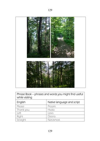 129
129
Phrase Book – phrases and words you might find useful
while visiting
English Native language and script
Please Prosim.
Thank you Hvala.
Left Levo.
Right Desno.
Straight Naravnost.
 