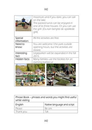 182
182
mooncars and if you dare, you can sail
on the lake.
The packed lunck can be enjoyed in
one of its three houses. Or you can use
the grill. (Du kan benytte de opstillede
grill)
Special
information:
All the activities are free.
Need to
know:
You are welcome I the park outside
opening hours, but the activities are
closed.
Interesting
fact:
Legeparken will be expanded in the fall
2015.
Hidden facts: Many families use the facilities for an
evening barbecue.
Phrase Book – phrases and words you might find useful
while visiting
English Native language and script
Please Be om
Thank you Tak
 