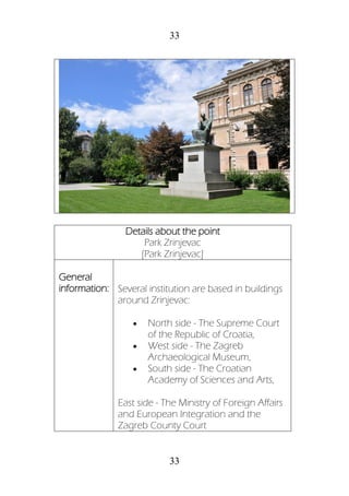 33
33
Details about the point
Park Zrinjevac
[Park Zrinjevac]
General
information: Several institution are based in buildings
around Zrinjevac:
 North side - The Supreme Court
of the Republic of Croatia,
 West side - The Zagreb
Archaeological Museum,
 South side - The Croatian
Academy of Sciences and Arts,
East side - The Ministry of Foreign Affairs
and European Integration and the
Zagreb County Court
 