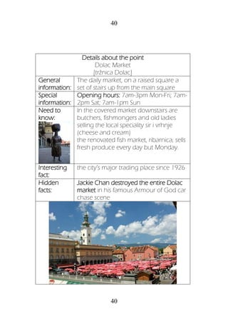 40
40
Details about the point
Dolac Market
[tržnica Dolac]
General
information:
The daily market, on a raised square a
set of stairs up from the main square
Special
information:
Opening hours: 7am-3pm Mon-Fri; 7am-
2pm Sat; 7am-1pm Sun
Need to
know:
In the covered market downstairs are
butchers, fishmongers and old ladies
selling the local speciality sir i vrhnje
(cheese and cream)
the renovated fish market, ribarnica, sells
fresh produce every day but Monday.
Interesting
fact:
the city’s major trading place since 1926
Hidden
facts:
Jackie Chan destroyed the entire Dolac
market in his famous Armour of God car
chase scene
 