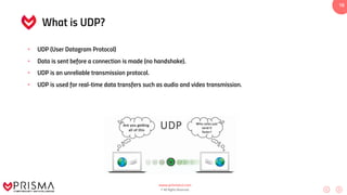 www.prismacsi.com
© All Rights Reserved.
16
What is UDP?
• UDP (User Datagram Protocol)
• Data is sent before a connection is made (no handshake).
• UDP is an unreliable transmission protocol.
• UDP is used for real-time data transfers such as audio and video transmission.
 