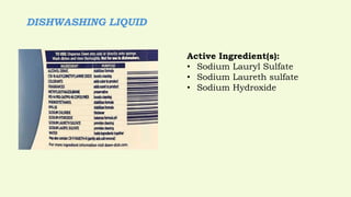 Active Ingredient(s):
• Sodium Lauryl Sulfate
• Sodium Laureth sulfate
• Sodium Hydroxide
DISHWASHING LIQUID
 