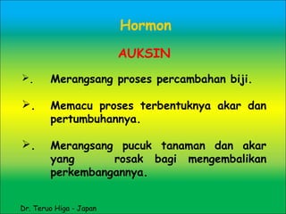 AUKSIN
. Merangsang proses percambahan biji.
. Memacu proses terbentuknya akar dan
pertumbuhannya.
. Merangsang pucuk tanaman dan akar
yang rosak bagi mengembalikan
perkembangannya.
Hormon
Dr. Teruo Higa - Japan
 