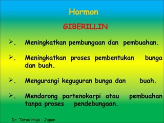 GIBERILLIN
. Meningkatkan pembungaan dan pembuahan.
. Meningkatkan proses pembentukan bunga
dan buah.
. Mengurangi keguguran bunga dan buah.
. Mendorong partenokarpi atau pembuahan
tanpa proses pendebungaan.
Hormon
Dr. Teruo Higa - Japan
 