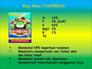 16:4:20 + 2MgO + 1B + TE
N 16%
P 4% (DAP)
K 20%
MgO 2%
B 1%
TE
. Membekal NPK keperluan tanaman
. Membantu memperbaiki zon fizikal akar
dan kimia tanah
. Membekal nutrien bila diperlukan
. Memperbaiki keberkesanan penggunaan baja
Baja Kimia TAAVEEKUN
 