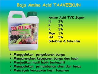 Baja Amino Acid TAAVEEKUN
 Menggalakan pengeluaran bunga
 Mengurangkan keguguran bunga dan buah
 Menjadikan hasil lebih berkualiti
 Menggalakan pertumbuhan akar dan tunas
 Mencegah kerosakan hasil tanaman
Amino Asid TVK Super
N 2%
P 2%
K 2%
Mgo 3%
HA 5%
Sitokinin & Giberilin
 