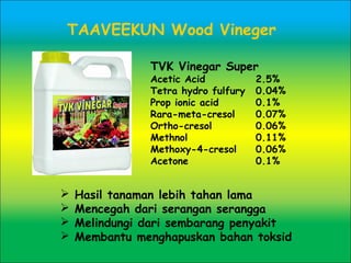 TAAVEEKUN Wood Vineger
 Hasil tanaman lebih tahan lama
 Mencegah dari serangan serangga
 Melindungi dari sembarang penyakit
 Membantu menghapuskan bahan toksid
TVK Vinegar Super
Acetic Acid 2.5%
Tetra hydro fulfury 0.04%
Prop ionic acid 0.1%
Rara-meta-cresol 0.07%
Ortho-cresol 0.06%
Methnol 0.11%
Methoxy-4-cresol 0.06%
Acetone 0.1%
 