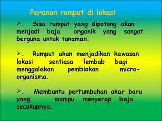 . Sisa rumput yang dipotong akan
menjadi baja organik yang sangat
berguna untuk tanaman.
. Rumput akan menjadikan kawasan
lokasi sentiasa lembab bagi
menggalakan pembiakan micro-
organisma.
. Membantu pertumbuhan akar baru
yang mampu menyerap baja
secukupnya.
Peranan rumput di lokasi
 