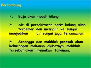 . Baja akan mudah hilang
. Air di persekitaran parit ladang akan
tercemar dan mengalir ke sungai
menjadikan air sungai juga tercemaran.
. Serangga dan makhluk perosak akan
kekurangan makanan akibatnya makhluk
tersebut akan memakan tanaman.
Bersambung
 