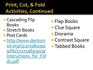  Cascading Flip          Flap Books
  Books
                          Clue Square
 Stretch Books
 Post Cards              Diorama
 http://www.dentoni      Contrast Square
  sd.org/51271969391      Tabbed Books
  9/lib/512719693919/
  Instructions_for_Fol
  ds.pdf
 