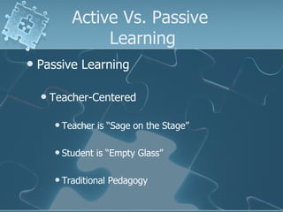Active Vs. Passive  Learning Passive Learning Teacher-Centered Teacher is “Sage on the Stage” Student is “Empty Glass” Traditional Pedagogy 