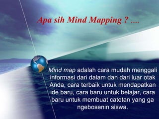 Apa sih Mind Mapping ? ....




  Mind map adalah cara mudah menggali
  informasi dari dalam dan dari luar otak
  Anda, cara terbaik untuk mendapatkan
  ide baru, cara baru untuk belajar, cara
   baru untuk membuat catetan yang ga
            ngebosenin siswa.
 