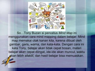 So…Tony Buzan si pencetus Mind Map ini
menggunakan cara mind mapping dalam belajar. Mind
  map memakai otak kanan kita, karena dibuat oleh
gambar, garis, warna, dan kata-kata. Dengan cara ini
   kata Tony, belajar akan tidak cepat bosan, materi
belajar akan cepat diingat, ide-ide akan muncul, waktu
 akan lebih efektif, dan hasil belajar bisa memuaskan.
 