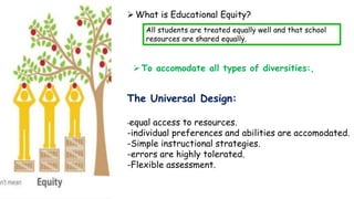 What is Educational Equity?
All students are treated equally well and that school
resources are shared equally.
To accomodate all types of diversities:,
The Universal Design:
-equal access to resources.
-individual preferences and abilities are accomodated.
-Simple instructional strategies.
-errors are highly tolerated.
-Flexible assessment.
 