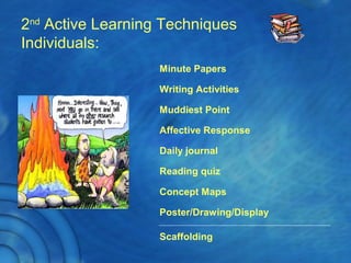2nd
Active Learning Techniques
Individuals:
Minute Papers
Writing Activities
Muddiest Point
Affective Response
Daily journal
Reading quiz
Concept Maps
Poster/Drawing/Display
Scaffolding
 