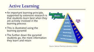 Active Learning
 An important learning principle,
supported by extensive research is
that students learn best when they
are actively involved in the
learning process
 This is illustrated using the
learning pyramid
 The further down the pyramid
students go, the more information
they learn and retain
13
Source: National Teaching Laboratory Institute
 
