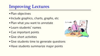 Improving Lectures
 Plan objectives
 Include graphics, charts, graphs, etc
 Plan what you want to annotate
 Learn students’ names
 Cue important points
 Give short activities
 Give students time to generate questions
 Have students summarize major points
 