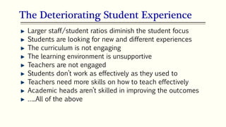 Larger staff/student ratios diminish the student focus
Students are looking for new and different experiences
The curriculum is not engaging
The learning environment is unsupportive
Teachers are not engaged
Students don’t work as effectively as they used to
Teachers need more skills on how to teach effectively
Academic heads aren’t skilled in improving the outcomes
…..All of the above
The Deteriorating Student Experience
 