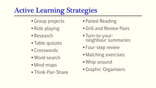 Active Learning Strategies
60
 Group projects
 Role playing
 Research
 Table quizzes
 Crosswords
 Word-search
 Mind-maps
 Think-Pair-Share
 Paired Reading
 Drill and Review Pairs
 Turn-to-your-
neighbour summaries
 Four-step review
 Matching exercises
 Whip-around
 Graphic Organisers
 