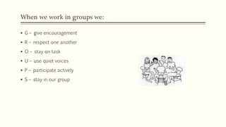 When we work in groups we:
74
 G – give encouragement
 R – respect one another
 O – stay on task
 U – use quiet voices
 P – participate actively
 S – stay in our group
 