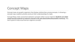 Concept Maps
Concept maps are graphic organizers that display relationships among concepts. In drawing a
concept map, students actively construct their understanding of a topic.
Concept Maps make connections between concepts within course material. Students can relate
newly learned material to material covered in the past (Association/Associative memory). This
tool is great to help visual learners organize concepts.
 