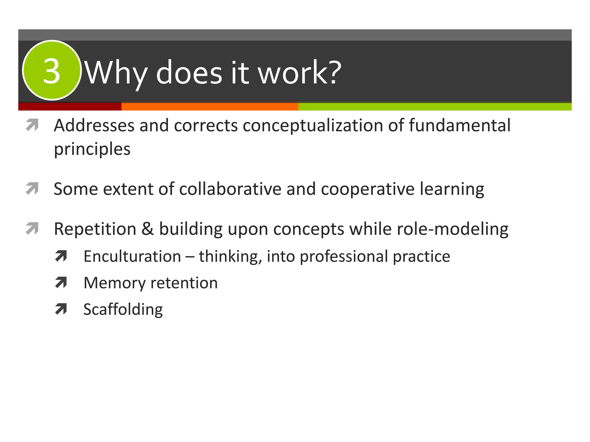 #3: Why does it work?
 Addresses and corrects conceptualization of fundamental
principles
 Some extent of collaborative and cooperative learning
 Repetition & building upon concepts while role-modeling
 Enculturation – thinking, into professional practice
 Memory retention
 Scaffolding
3
 