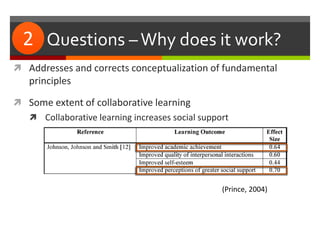 #2: Questions –Why does it work?
 Addresses and corrects conceptualization of fundamental
principles
 Some extent of collaborative learning
 Collaborative learning increases social support
(Prince, 2004)
2
 