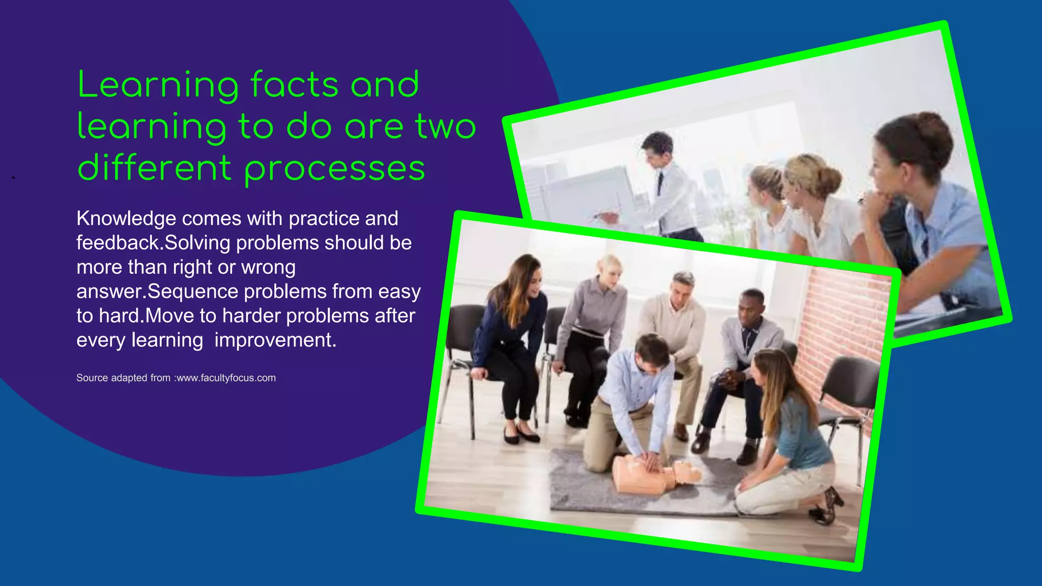 .
Knowledge comes with practice and
feedback.Solving problems should be
more than right or wrong
answer.Sequence problems from easy
to hard.Move to harder problems after
every learning improvement.
Learning facts and
learning to do are two
different processes
Source adapted from :www.facultyfocus.com
 
