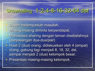 SSnnoowwbbaalllliinngg 11--22--44--88--1166--3322--6644 ddsstt 
• DDoosseenn mmeelleemmppaarrkkaann mmaassaallaahh.. 
• MMaassiinngg--mmaassiinngg ddiimmiinnttaa bbeerrppeennddaappaatt.. 
• MMaahhaassiisswwaa sshhaarriinngg ddeennggaann tteemmaann ddiisseebbeellaahhnnyyaa 
((bbeerrppaassaannggaann dduuaa--dduuaa//ppaaiirr)) 
• HHaassiill 22 ((dduuaa)) oorraanngg,, ddiiddiisskkuussiikkaann oolleehh 44 ((eemmppaatt)) 
oorraanngg,, ggaabbuunngg llaaggii mmeennjjaaddii 88,, 1188,, 3322,, ddsstt.. 
ssaammppaaii mmeennjjaaddii 22 ((dduuaa)) kkeelloommppookk bbeessaarr.. 
• PPrreesseennttaassii mmaassiinngg--mmaassiinngg kkeelloommppookk.. 
 