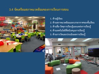 3.4 จัดเตรียมสภาพแวดล้อมของการเรียนการสอน
1. ด้านผู้เรียน
2. ด้านสภาพแวดล้อมและบรรยากาศของชั้นเรียน
3. ด้านสื่อ-วัสดุการเรียนรู้และแหล่งการเรียนรู้
4. ด้านเทคโนโลยีที่สนับสนุนการเรียนรู้
5. ด้านการวัดและประเมินผลการเรียนรู้
 