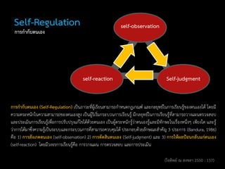 Self-Regulation
การกากับตนเอง (Self-Regulation) เป็นภาวะที่ผู้เรียนสามารถกาหนดกฎเกณฑ์ และกลยุทธ์ในการเรียนรู้ของตนเองได้ โดยมี
ความตระหนักในความสามารถของตนเองสูง เป็นผู้ริเริ่มกระบวนการเรียนรู้ มีกลยุทธ์ในการเรียนรู้ที่สามารถวางแผนตรวจสอบ
และประเมินการเรียนรู้เพื่อการปรับปรุงแก้ไขได้ด้วยตนเอง เป็นผู้ตระหนักรู้ว่าตนเองรู้และมีทักษะในเรื่องหนึ่งๆ เพียงใด และรู้
ว่าการได้มาซึ่งความรู้เป็นระบบและกระบวนการที่สามารถควบคุมได้ ประกอบด้วยลักษณะสาคัญ 3 ประการ (Bandura, 1986)
คือ 1) การสังเกตตนเอง (self-observation) 2) การตัดสินตนเอง (Self-judgment) และ 3) การให้ผลป้อนกลับแก่ตนเอง
(self-reaction) โดยมีวงจรการเรียนรู้คือ การวางแผน การตรวจสอบ และการประเมิน
(ใจทิพย์ ณ สงขลา 2550 : 157)
การกากับตนเอง
Self-judgment
self-observation
self-reaction
 