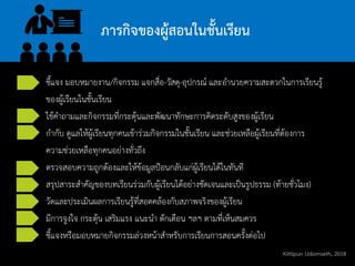 ชี้แจง มอบหมายงาน/กิจกรรม แจกสื่อ-วัสดุ-อุปกรณ์ และอานวยความสะดวกในการเรียนรู้
ของผู้เรียนในชั้นเรียน
ใช้คาถามและกิจกรรมที่กระตุ้นและพัฒนาทักษะการคิดระดับสูงของผู้เรียน
กากับ ดูแลให้ผู้เรียนทุกคนเข้าร่วมกิจกรรมในชั้นเรียน และช่วยเหลือผู้เรียนที่ต้องการ
ความช่วยเหลือทุกคนอย่างทั่วถึง
ตรวจสอบความถูกต้องและให้ข้อมูลป้อนกลับแก่ผู้เรียนได้ในทันที
สรุปสาระสาคัญของบทเรียนร่วมกับผู้เรียนได้อย่างชัดเจนและเป็นรูปธรรม (ท้ายชั่วโมง)
วัดและประเมินผลการเรียนรู้ที่สอดคล้องกับสภาพจริงของผู้เรียน
มีการจูงใจ กระตุ้น เสริมแรง แนะนา ตักเตือน ฯลฯ ตามที่เห็นสมควร
ชี้แจงหรือมอบหมายกิจกรรมล่วงหน้าสาหรับการเรียนการสอนครั้งต่อไป
ภารกิจของผู้สอนในชั้นเรียน
Kittipun Udomseth, 2018
 