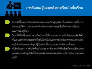 ในกรณีที่สิ้นสุดการเรียนการสอนตามหน่วยการเรียนรู้ ครูมีหน้าที่ประเมินผลงาน (ชิ้นงาน)
ผลการปฏิบัติงาน (ภาระงาน) ผลสัมฤทธิ์ทางการเรียนของผู้เรียนในหน่วยการเรียนรู้/
แผนการเรียนรู้นั้น ๆ
ในกรณีที่ยังไม่สิ้นสุดหน่วยการเรียนรู้ และยังมีการมอบหมายงานต่อเนื่อง ครูอาจต้องให้คา
ชี้แนะ แนะนา หรือตรวจสอบเบื้องต้นให้กับผู้เรียนโดยการติดต่อสื่อสารทางระบบออนไลน์
ครูจึงต้องเข้าตรวจสอบข้อมูลที่ผู้เรียนส่งมาให้ทางระบบออนไลน์อย่างสม่าเสมอ
บันทึกข้อมูลต่าง ๆ ลงในบันทึกหลังสอนของครู ซึ่งสามารถใช้เป็นข้อมูลในการปรับปรุงการ
สอนและการวิจัยปฏิบัติในชั้นเรียนและใช้ประเมินสมรรถนะในการจัดการเรียนการสอนของ
ครูได้
ภารกิจของผู้สอนหลังการเรียนในชั้นเรียน
Kittipun Udomseth, 2018
 