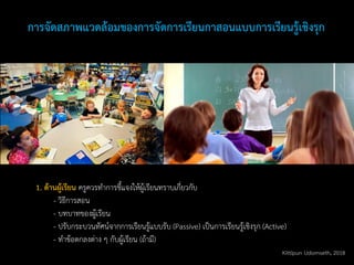 1. ด้านผู้เรียน ครูควรทาการชี้แจงให้ผู้เรียนทราบเกี่ยวกับ
- วิธีการสอน
- บทบาทของผู้เรียน
- ปรับกระบวนทัศน์จากการเรียนรู้แบบรับ (Passive) เป็นการเรียนรู้เชิงรุก (Active)
- ทาข้อตกลงต่าง ๆ กับผู้เรียน (ถ้ามี)
การจัดสภาพแวดล้อมของการจัดการเรียนกาสอนแบบการเรียนรู้เชิงรุก
Kittipun Udomseth, 2018
 