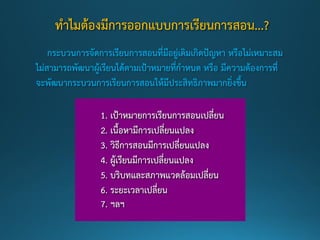 ทาไมต้องมีการออกแบบการเรียนการสอน...?
กระบวนการจัดการเรียนการสอนที่มีอยู่เดิมเกิดปัญหา หรือไม่เหมาะสม
ไม่สามารถพัฒนาผู้เรียนได้ตามเป้าหมายที่กาหนด หรือ มีความต้องการที่
จะพัฒนากระบวนการเรียนการสอนให้มีประสิทธิภาพมากยิ่งขึ้น
1. เป้าหมายการเรียนการสอนเปลี่ยน
2. เนื้อหามีการเปลี่ยนแปลง
3. วิธีการสอนมีการเปลี่ยนแปลง
4. ผู้เรียนมีการเปลี่ยนแปลง
5. บริบทและสภาพแวดล้อมเปลี่ยน
6. ระยะเวลาเปลี่ยน
7. ฯลฯ
 