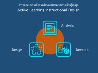 การออกแบบการจัดการเรียนการสอนแบบการเรียนรู้เชิงรุก
Active Learning Instructional Design
Analysis
Design Develop
 