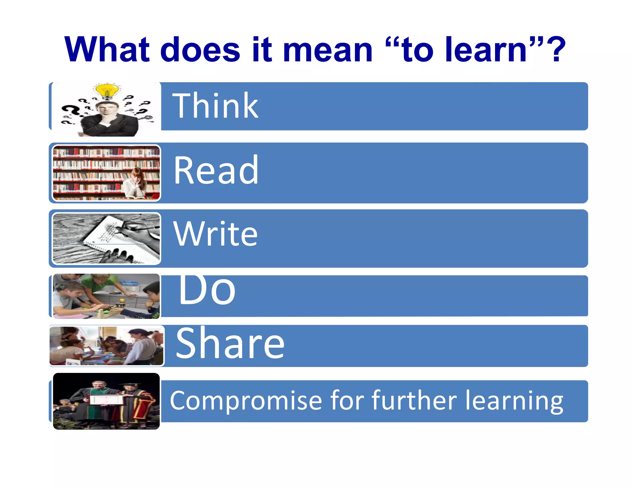 What does it mean “to learn”?
Think
Read
Write
Do
Share
Compromise for further learning
 