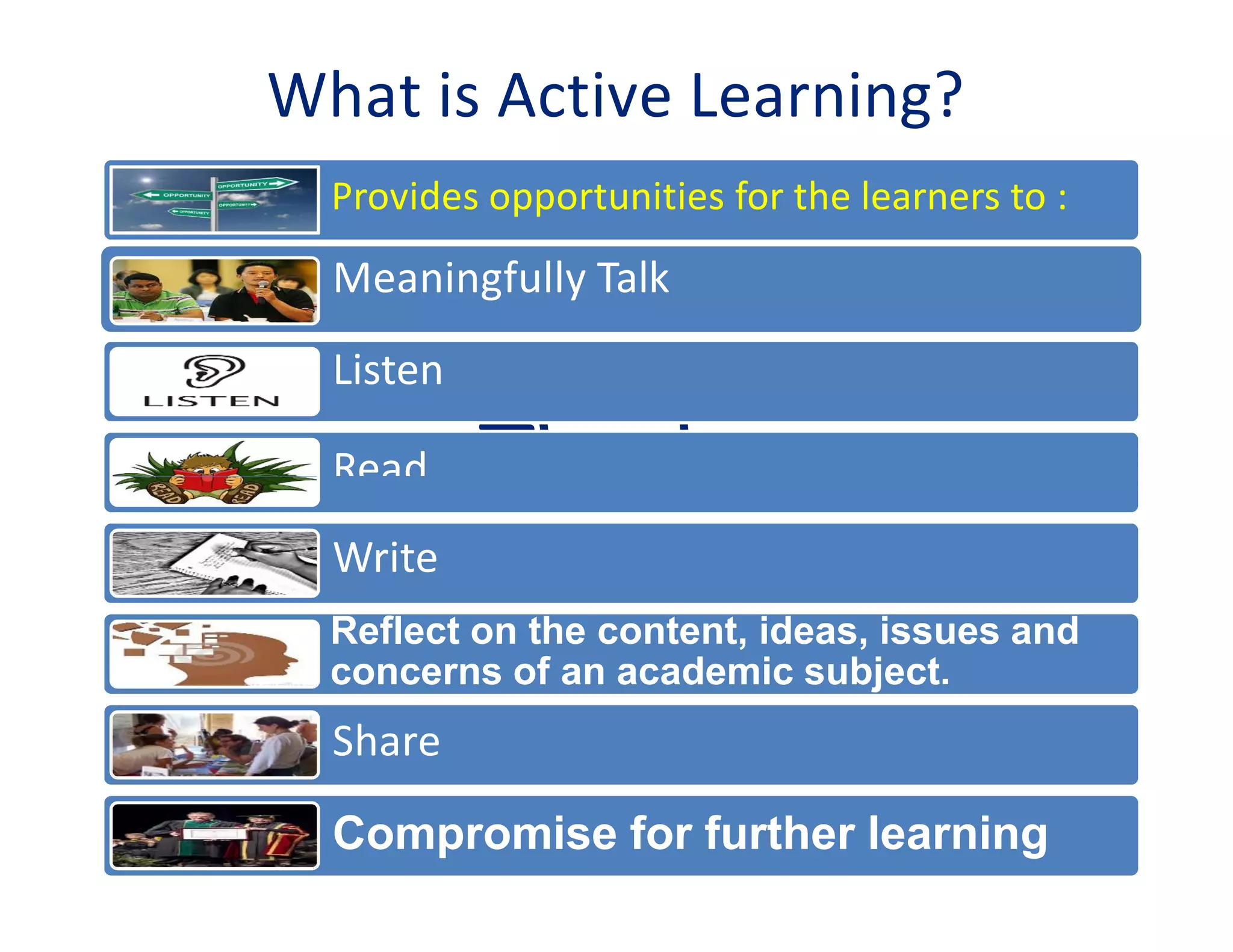 What is Active Learning?
Thanks
Provides opportunities for the learners to :
Meaningfully Talk
Listen
Read
Write
Reflect on the content, ideas, issues and
concerns of an academic subject.
Share
Compromise for further learning
 