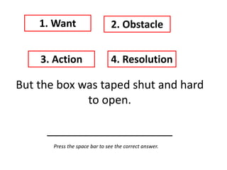 But the box was taped shut and hard
to open.
____________________
1. Want 2. Obstacle
3. Action 4. Resolution
Press the space bar to see the correct answer.
 