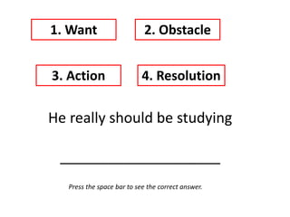 He really should be studying
____________________
1. Want 2. Obstacle
3. Action 4. Resolution
Press the space bar to see the correct answer.
 